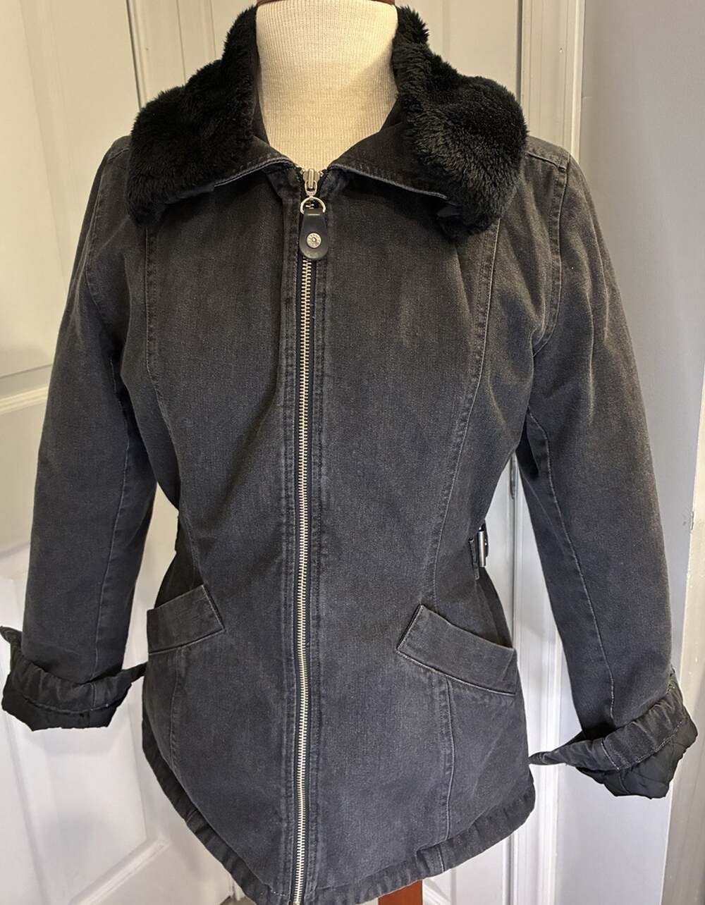 Vintage 90s Guess Jeans USA Black Denim Faux Fur Moto Jacket - Size S